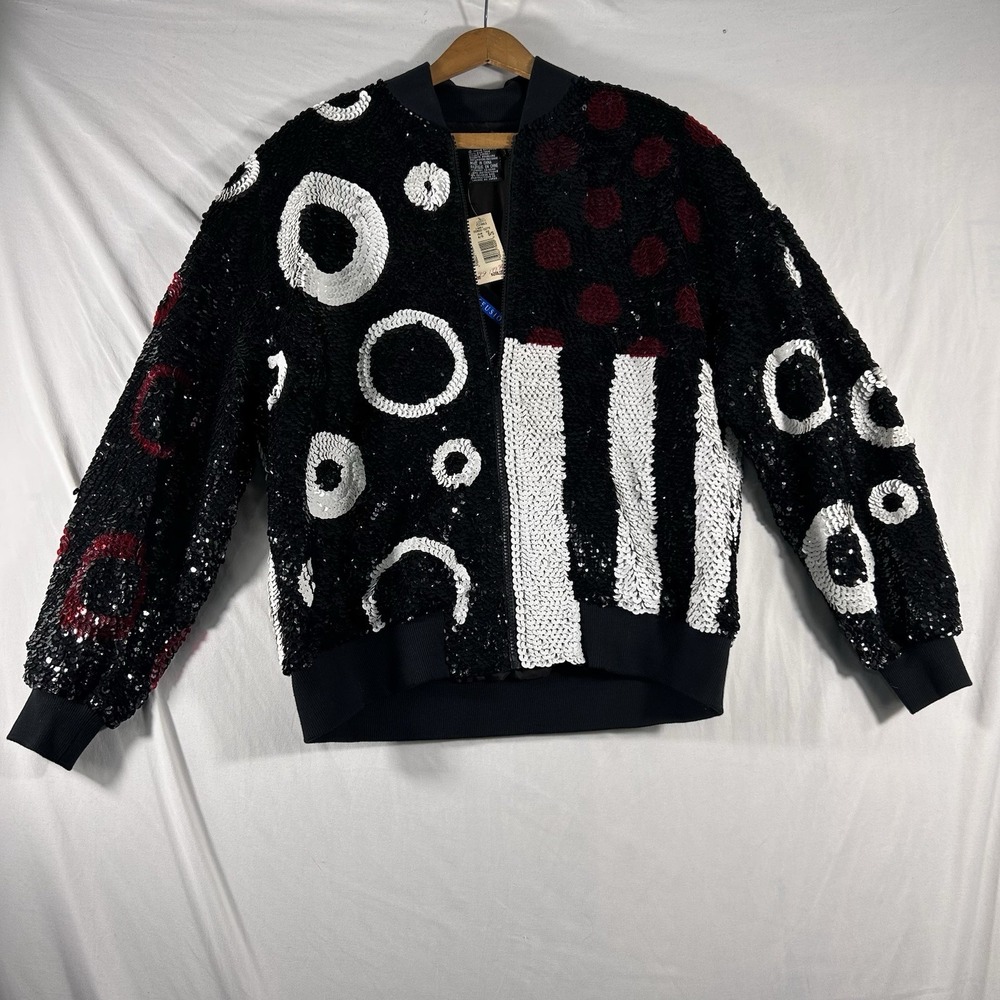 Women's Full Sequin Silk Bomber Jacket Geometric 90's Y2K SZ 8 Retro Statement
